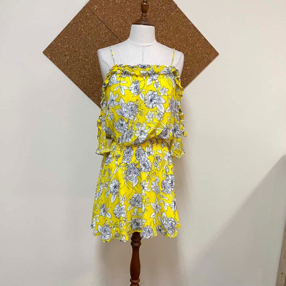 SEED Tie Sleeve Daffodil Yellow Floral Cold Shoulder Mini Dress - Picture 9 of 13